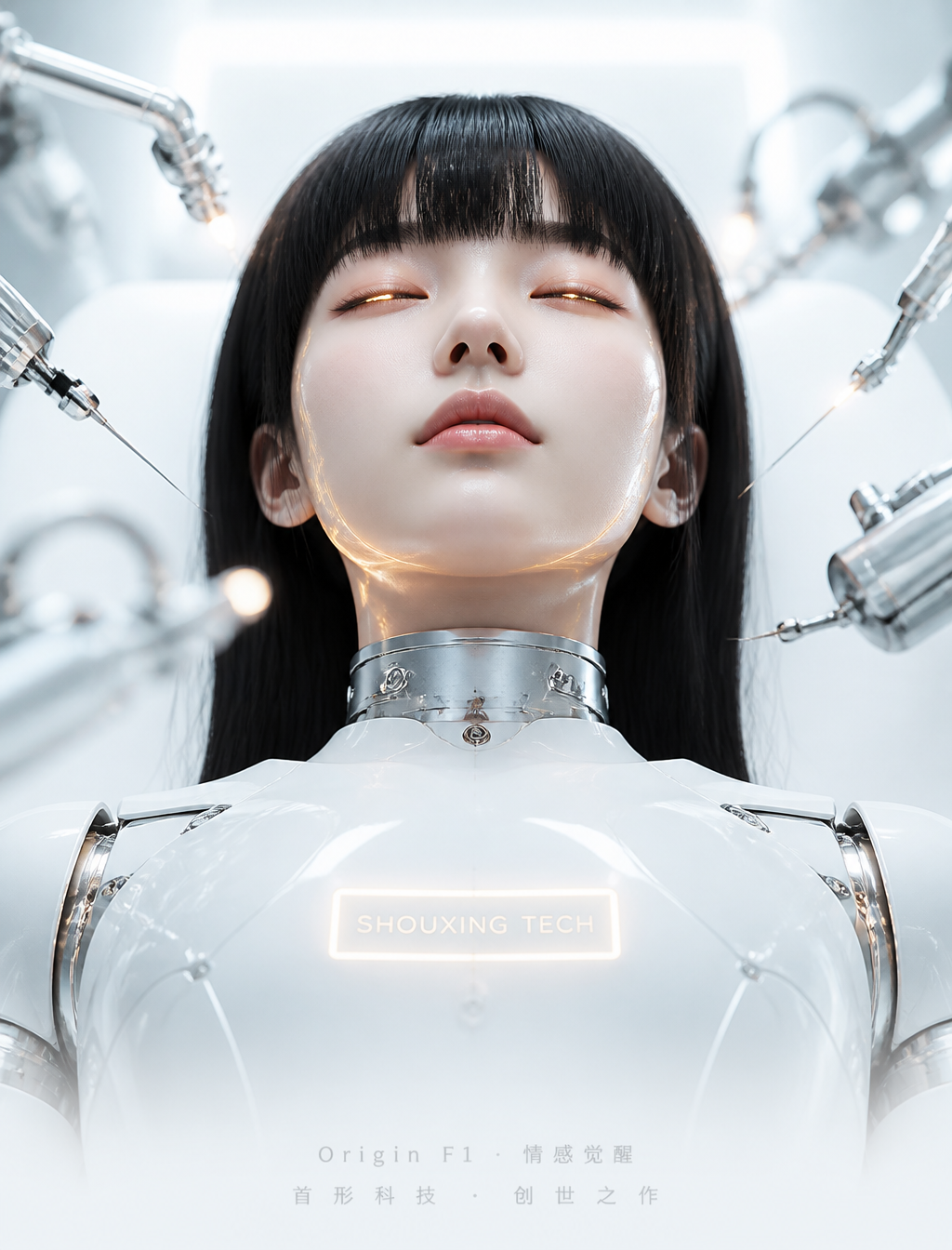 为 首形科技有限公司(SHOUXING TECH)打造超高端广告海报,核心围绕微距无菌精密实验室透视、超写实 Or...
