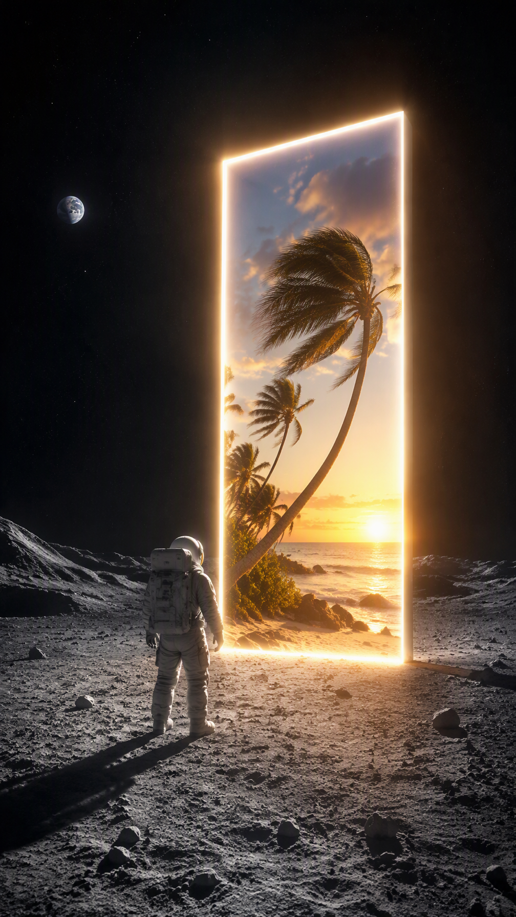 A lone astronaut standing on the dark surface of an alien...