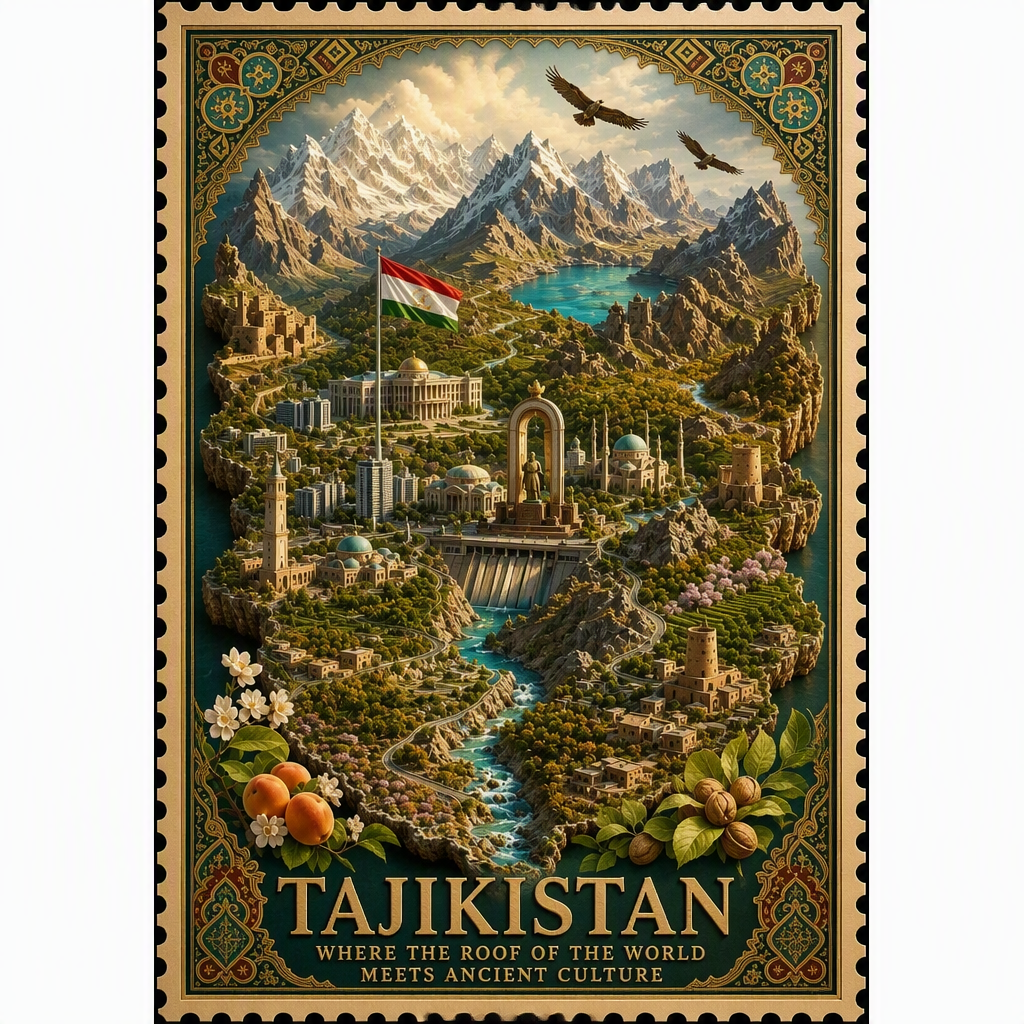 A richly illustrated vintage travel poster presents Tajik...