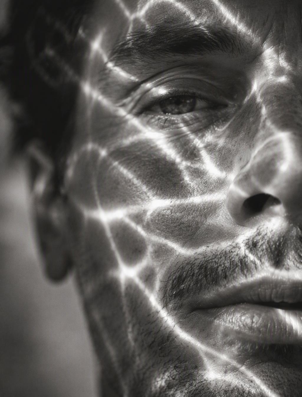 A hyperrealistic 8K black and white extreme close-up port...