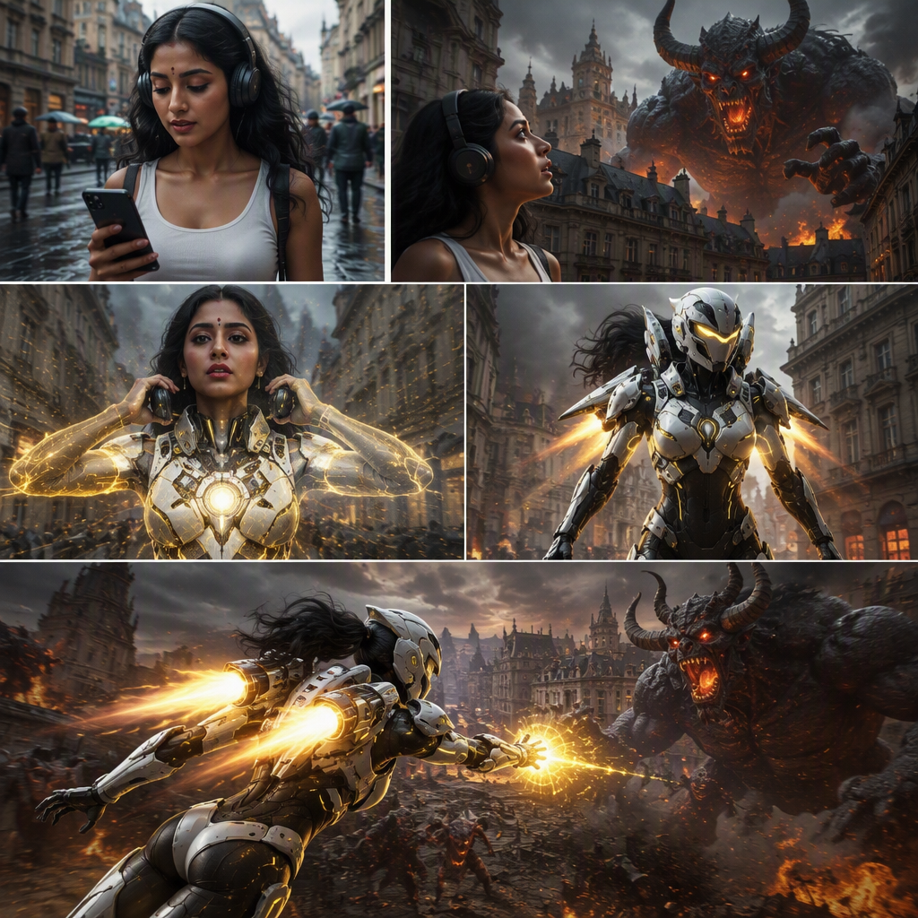 Scene Setup: A cinematic tracking shot of a young woman w...
