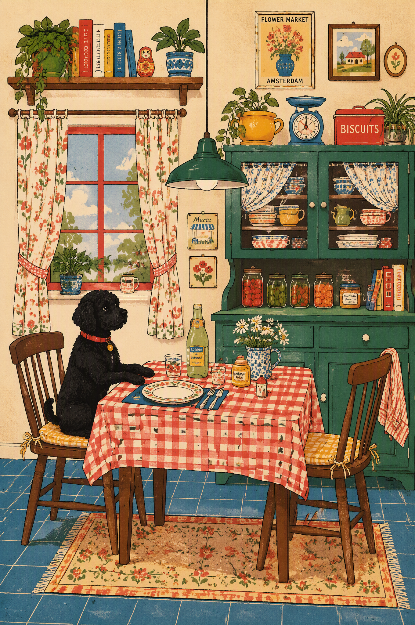 Cozy retro lifestyle illustration featuring colorful hous...