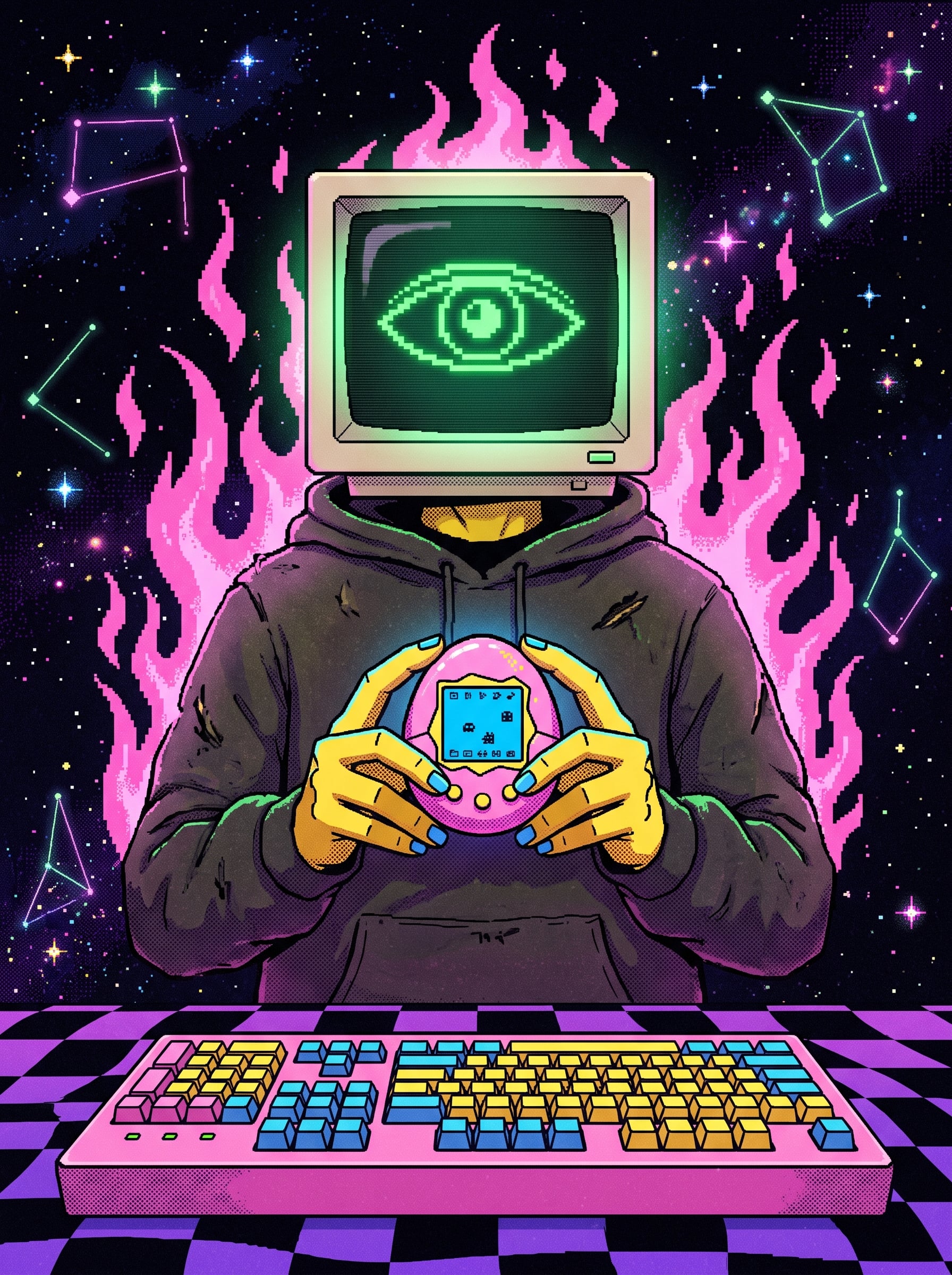 A surreal, retro-futuristic illustration depicts a figure...