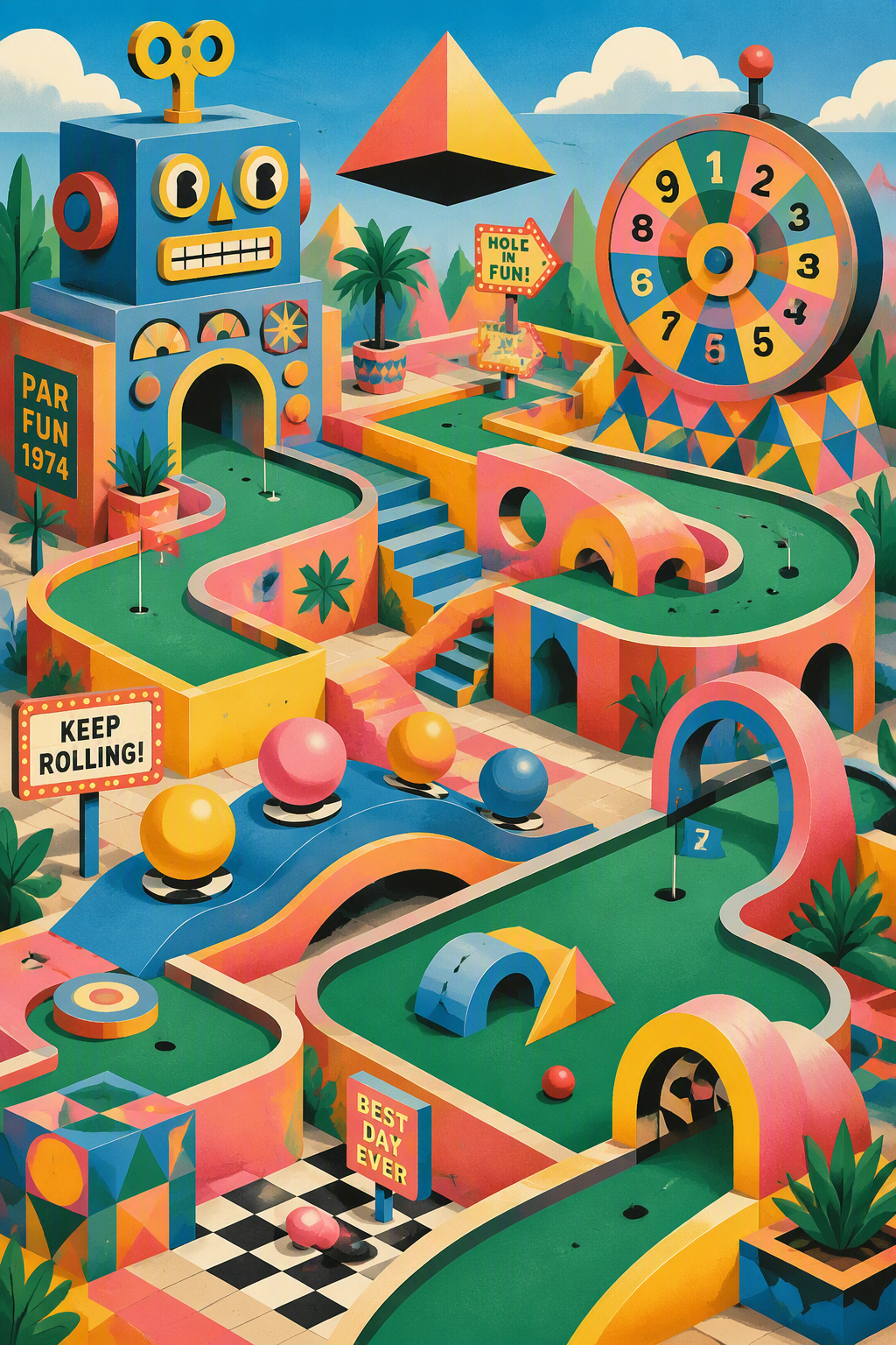 A colorful isometric illustration of an abstract, surreal...