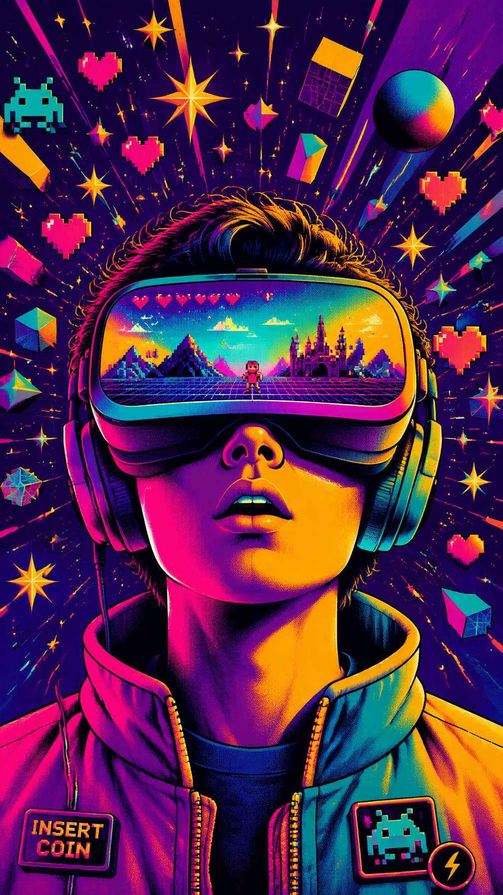 A surreal pop-art illustration of a gamer wearing a futur...