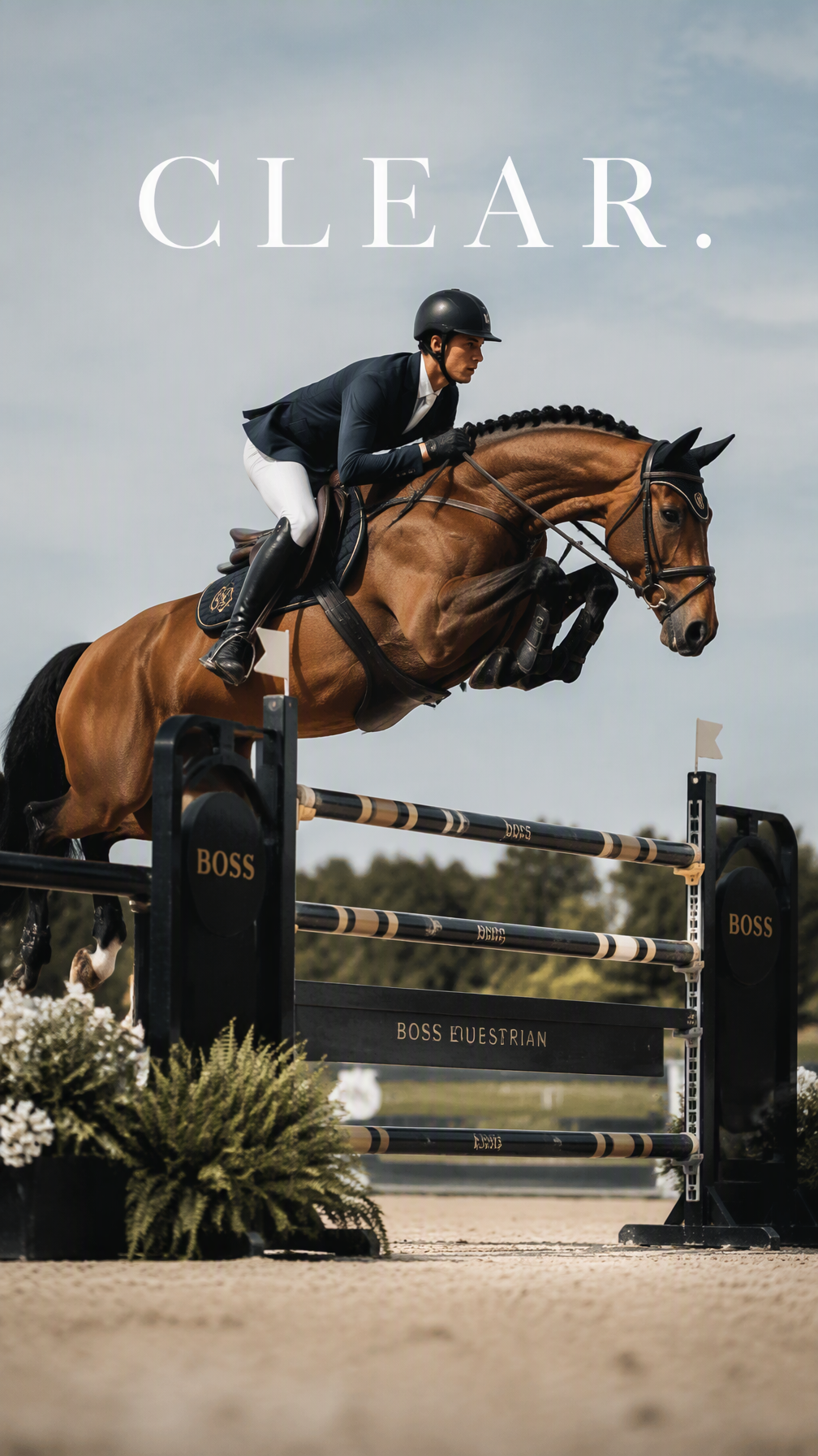 Create a premium 9:16 equestrian sports editorial.Main Su...
