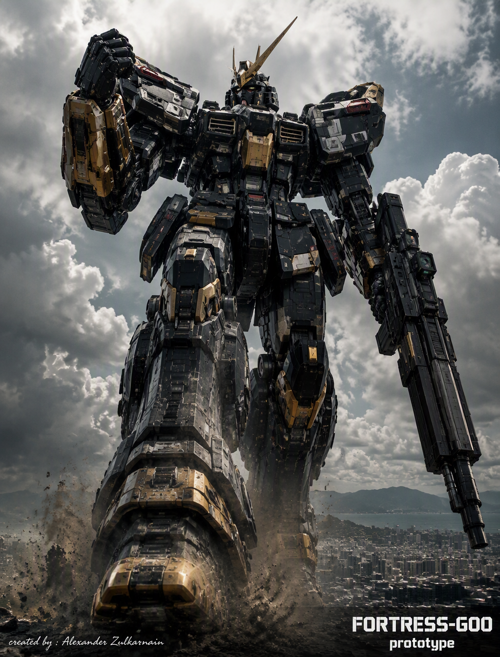 A colossal bipedal mecha robot walking directly toward th...