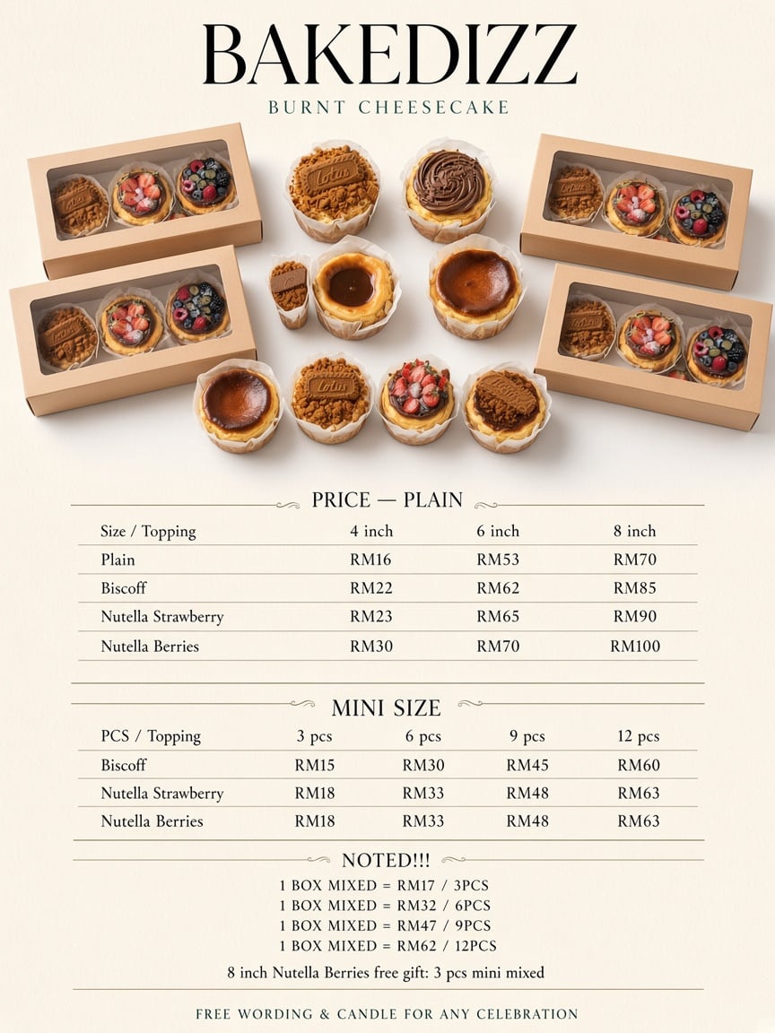 A vertically composed bakery menu poster presents “BAKEDI...