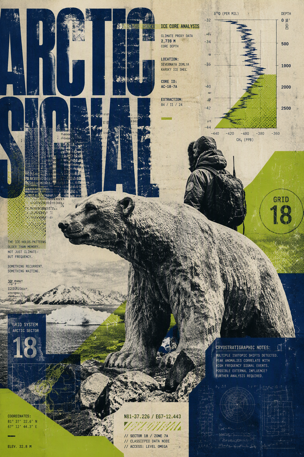 A large-format experimental poster. The central image is ...