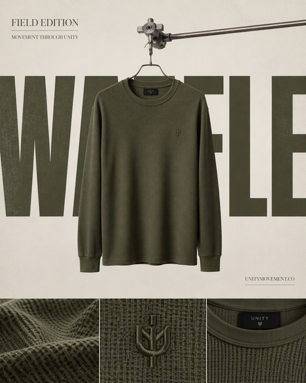 A structured apparel ad. The product (the olive green waf...