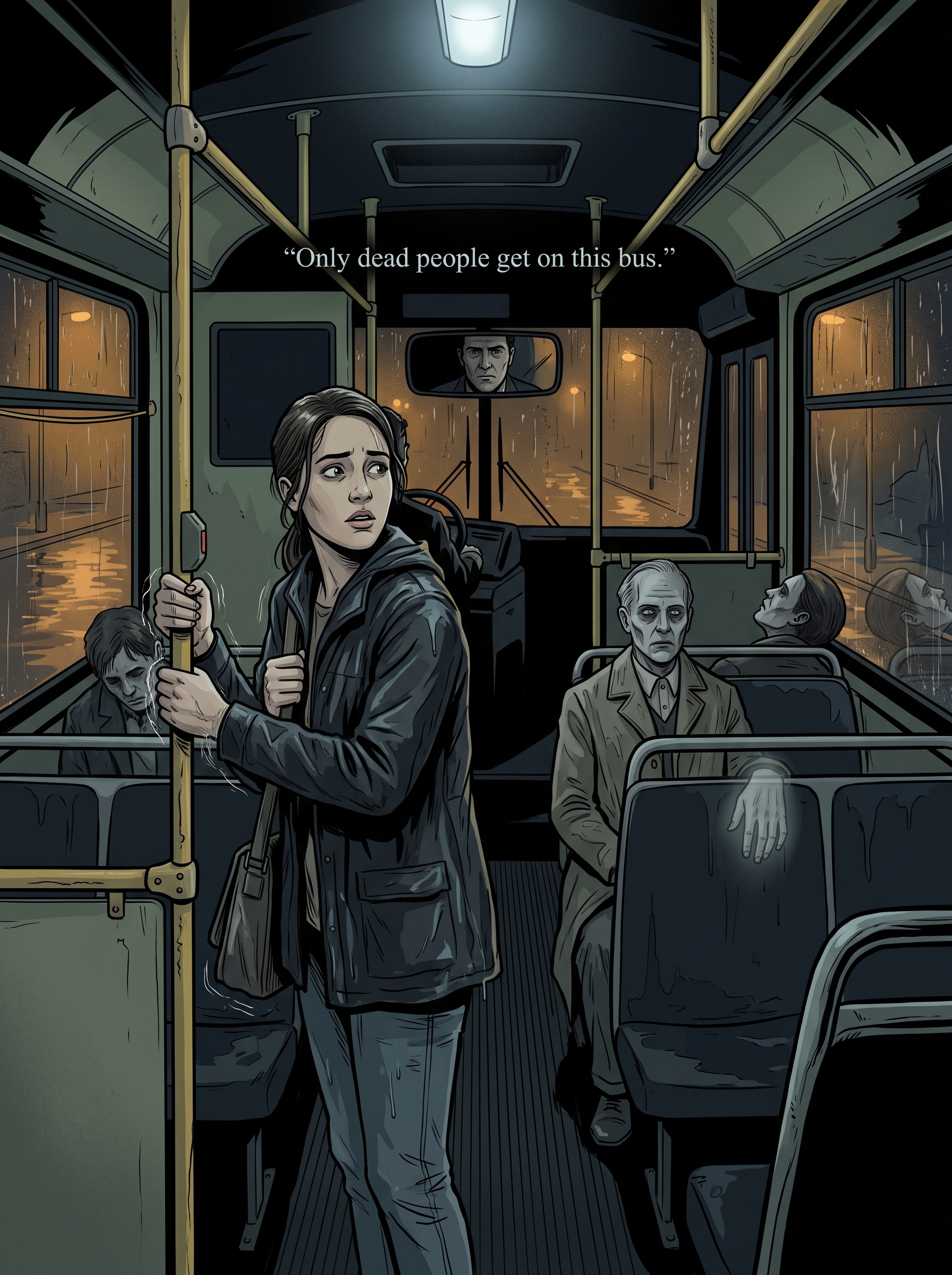 Create a cinematic supernatural horror image of a young w...