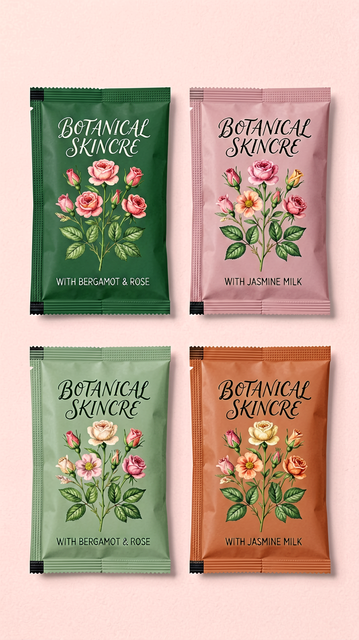 A product mockup shot of four flat botanical sachet packe...
