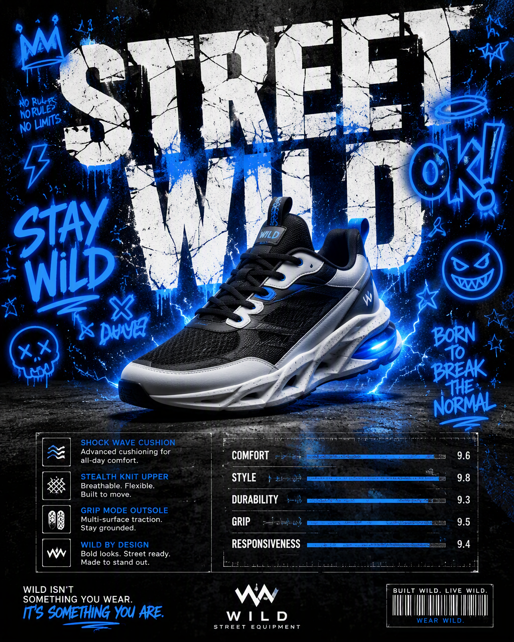 A dynamic shoe ad. A central, clean product shot of the m...