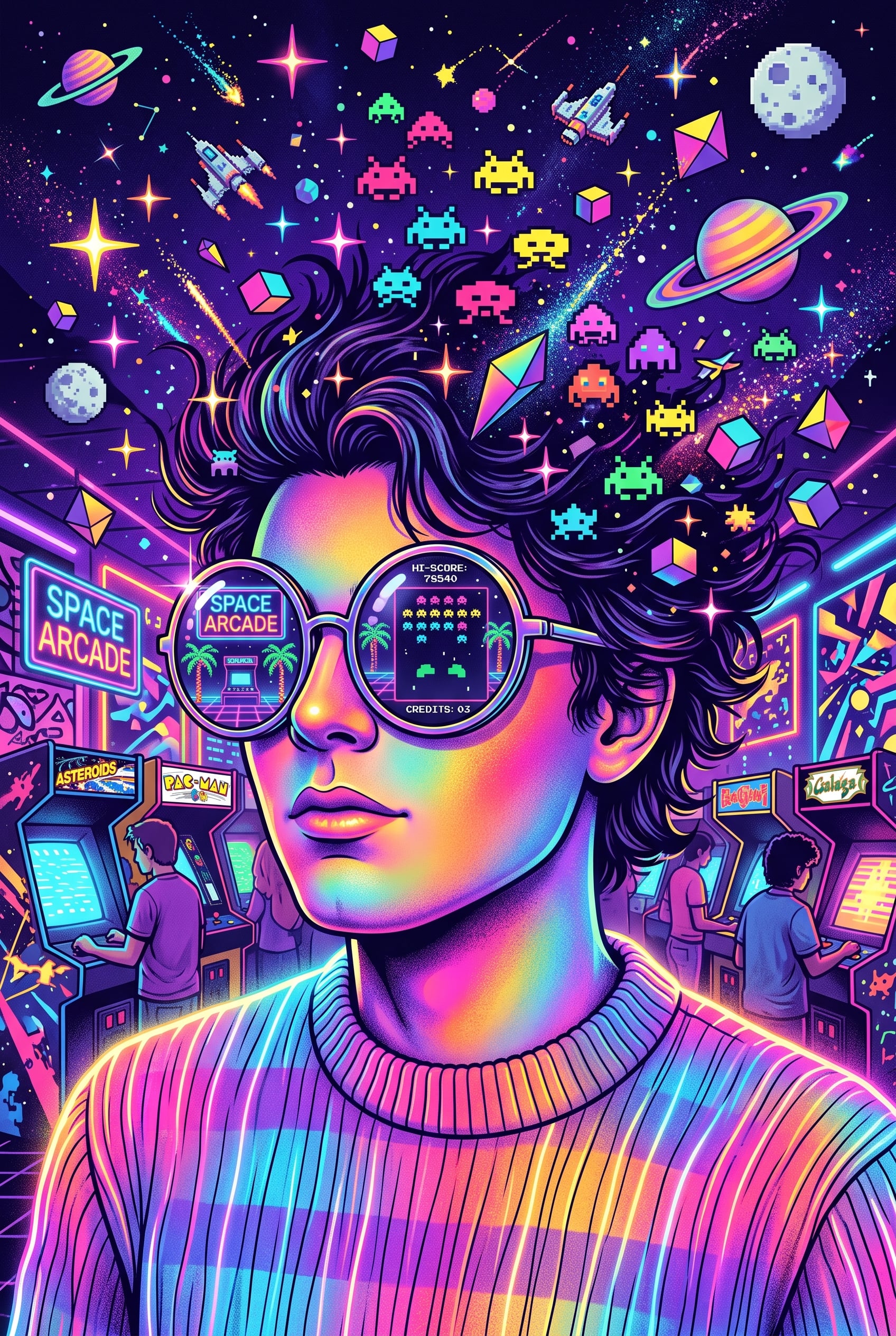 A mind-bending, psychedelic 80s arcade illustration cente...