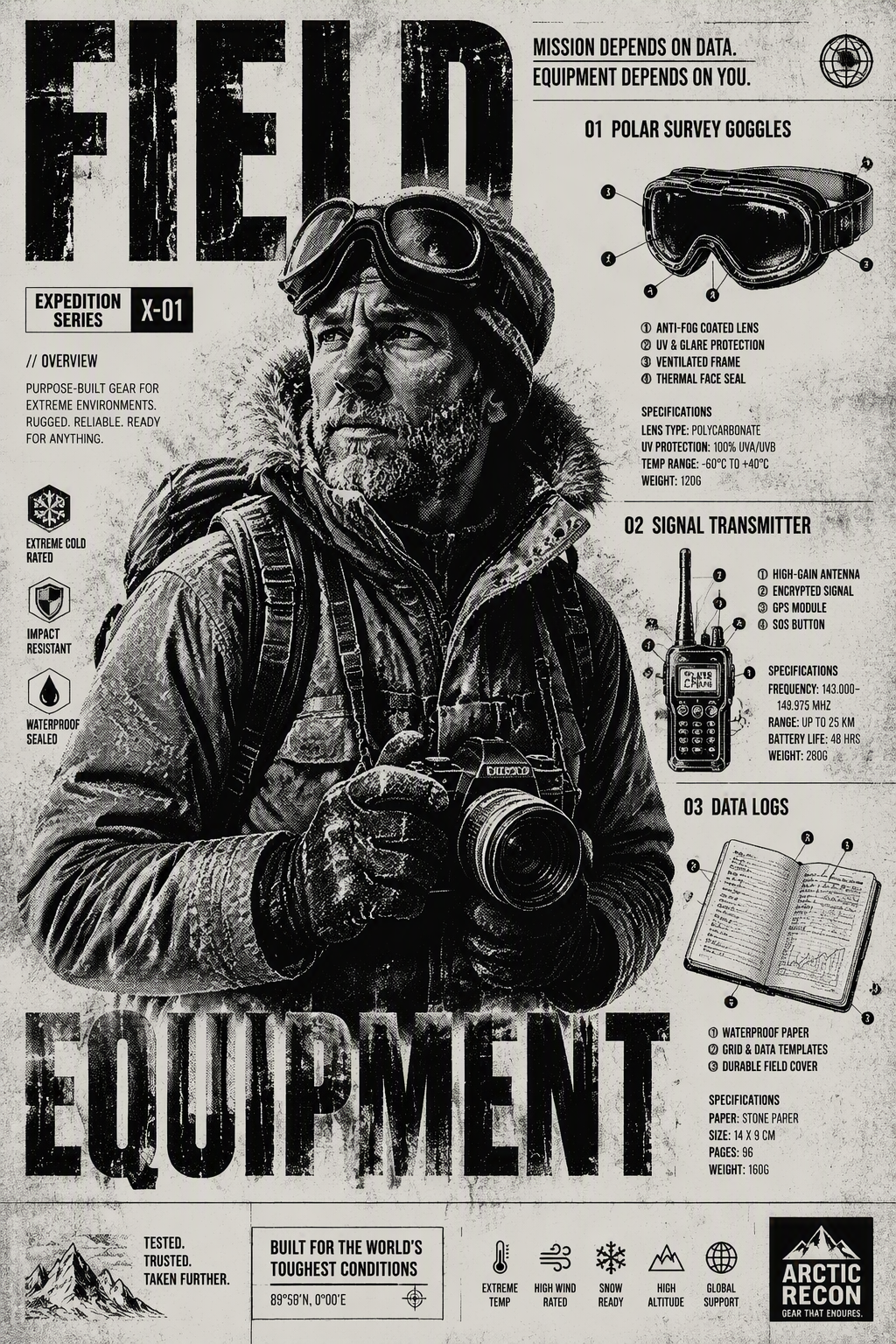 A mixed-product ad. A high-contrast halftone of the explo...