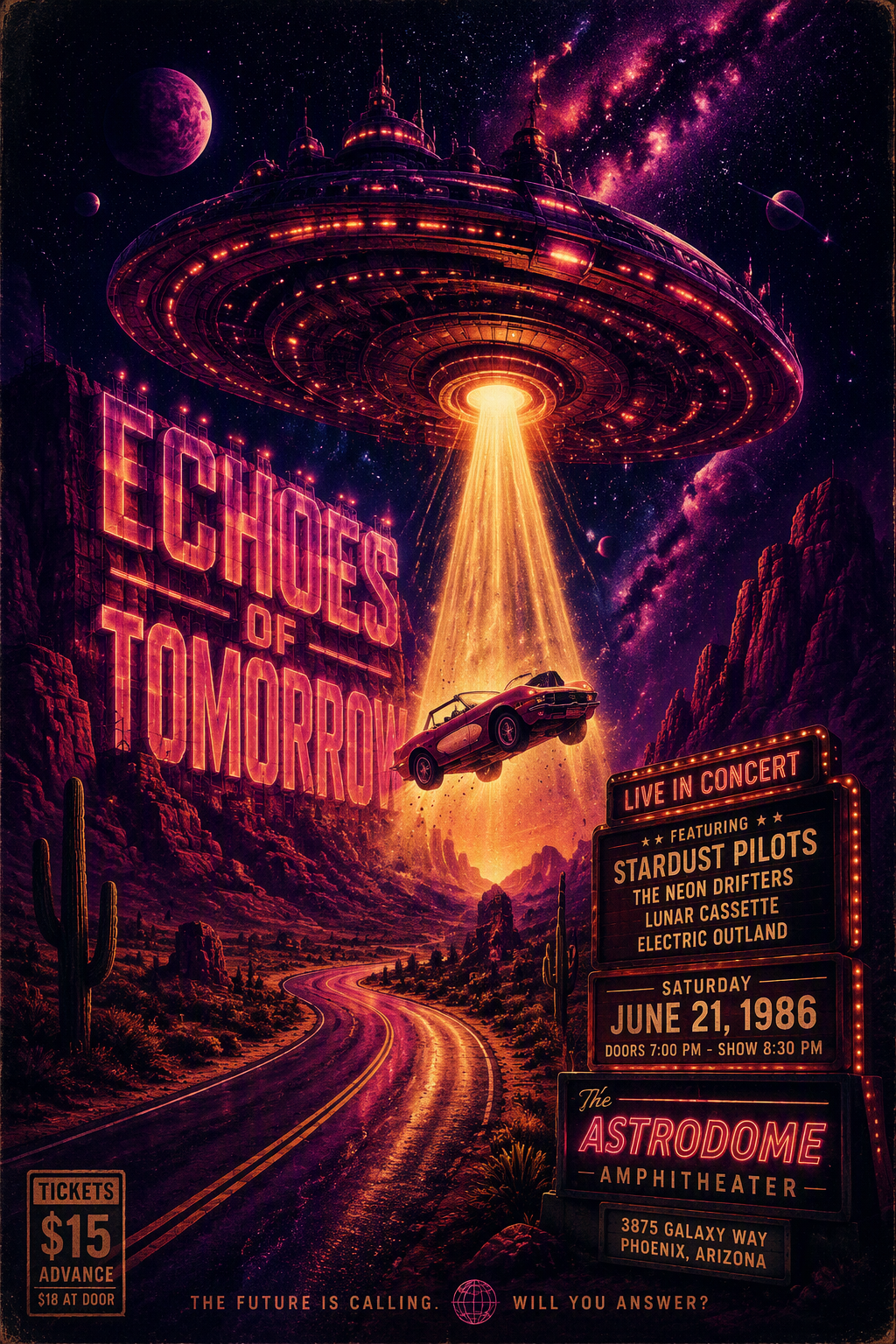 A dramatic, retro-futuristic concert poster featuring a g...