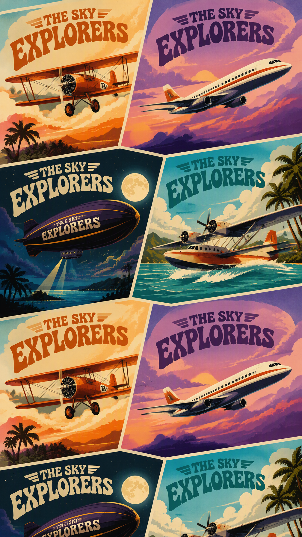 A seamless, vibrant retro aviation pattern wallpaper feat...