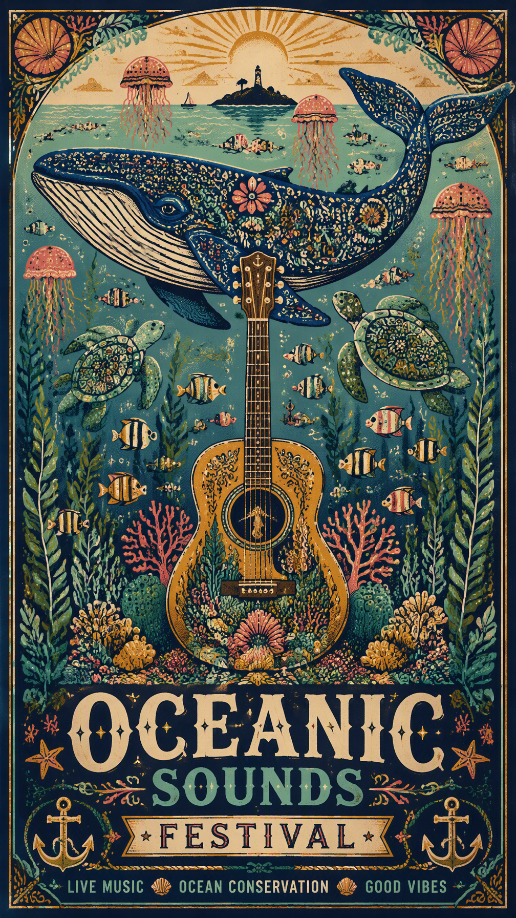 A whimsical, folk-art coastal poster illustration depicti...