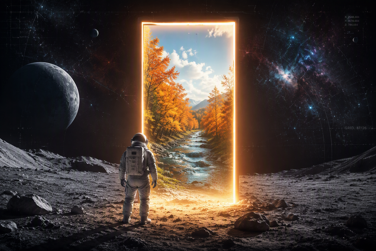 A high-impact surrealist digital wallpaper featuring a lo...