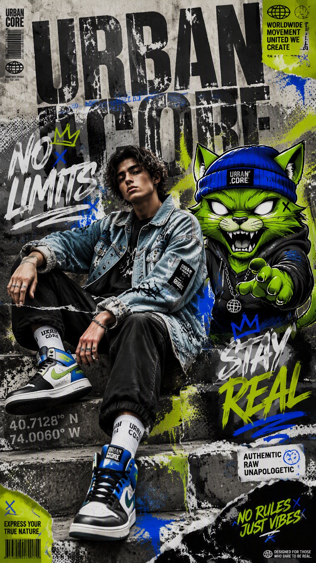 A dynamic, multi-layered mixed-media apparel advertisemen...
