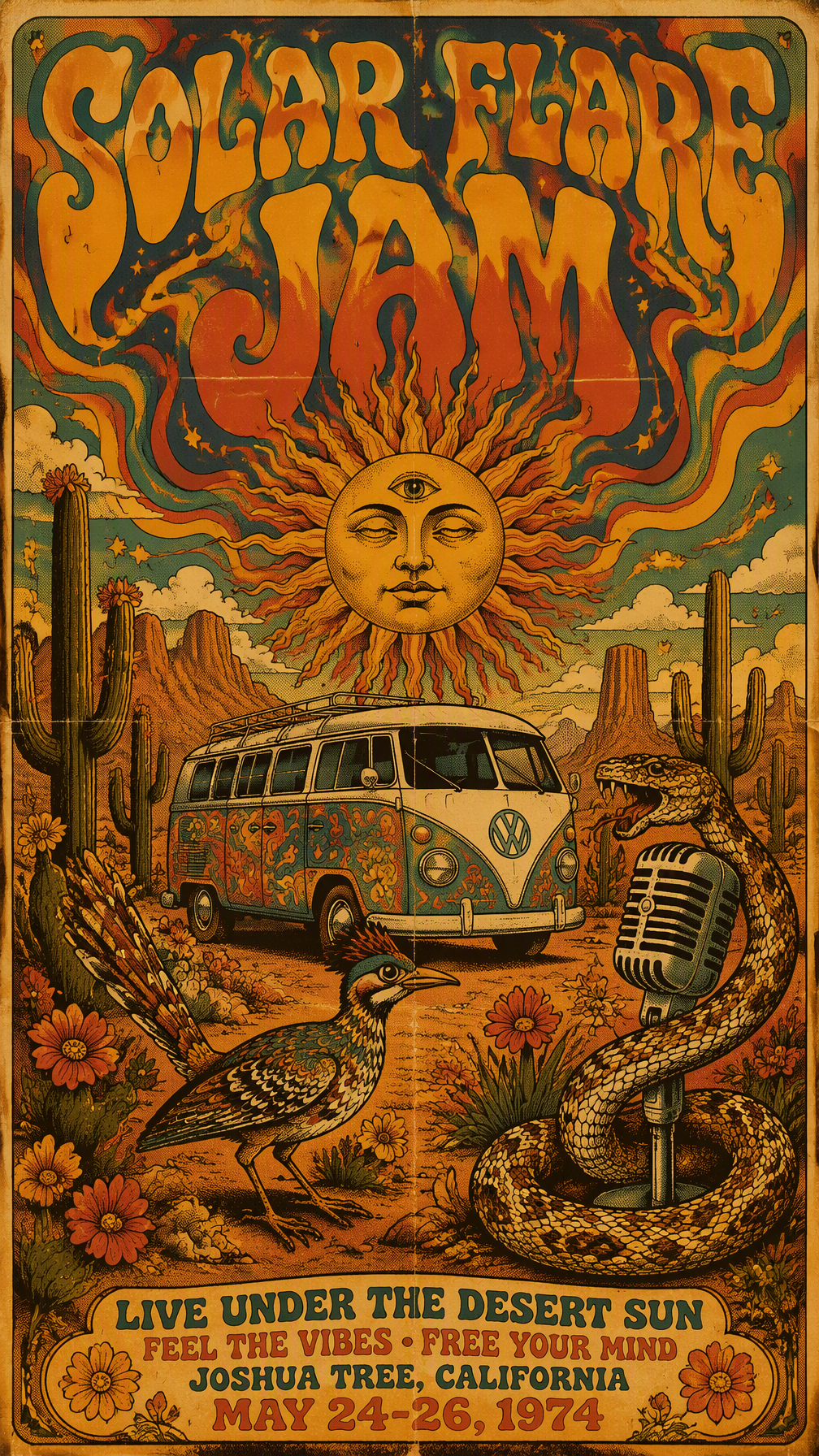 A psychedelic 1970s style music poster featuring a majest...