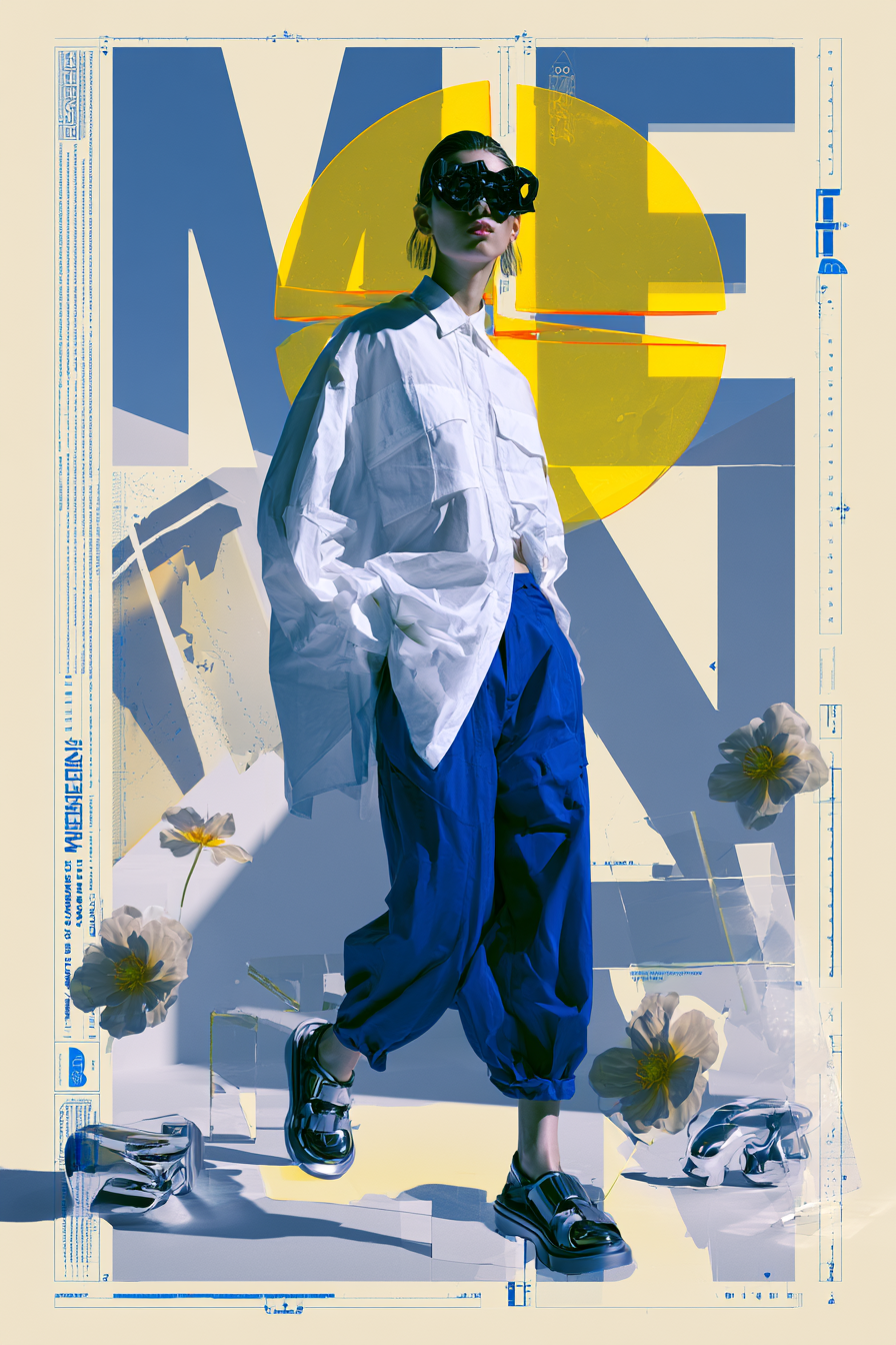 Create a highly experimental contemporary fashion poster ...