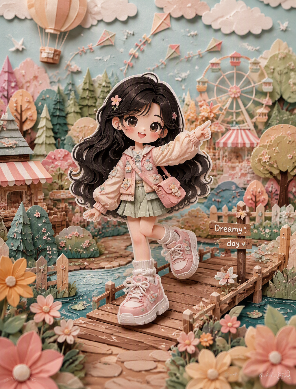 Cute layered paper-cut art style illustration of a chibi ...