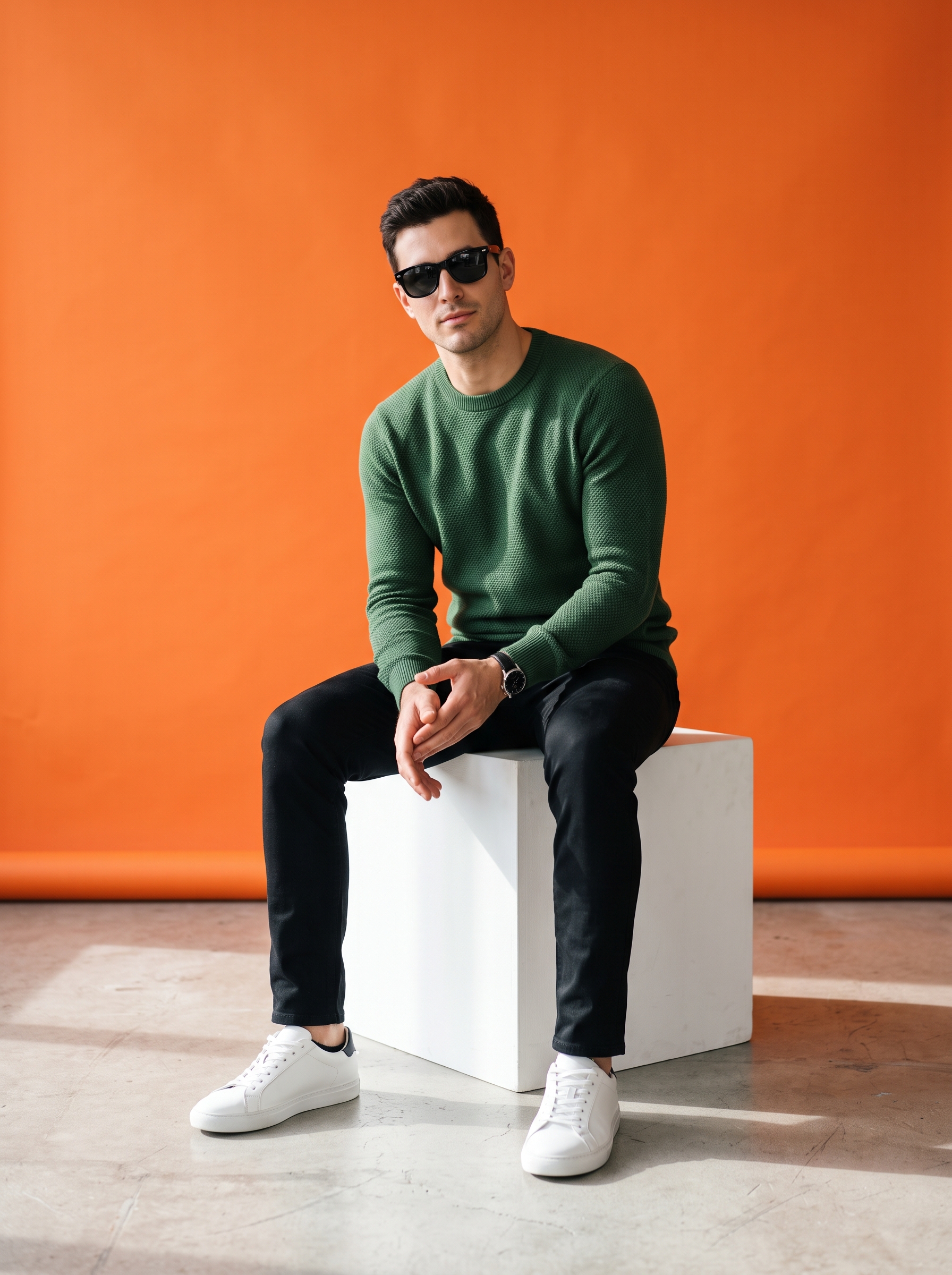 A stylish male model sitting on a white cube in a minimal...