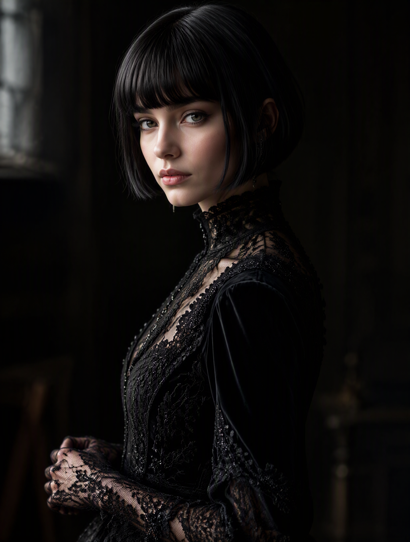 A Fair skin tone young woman with a sleek black bob and b...