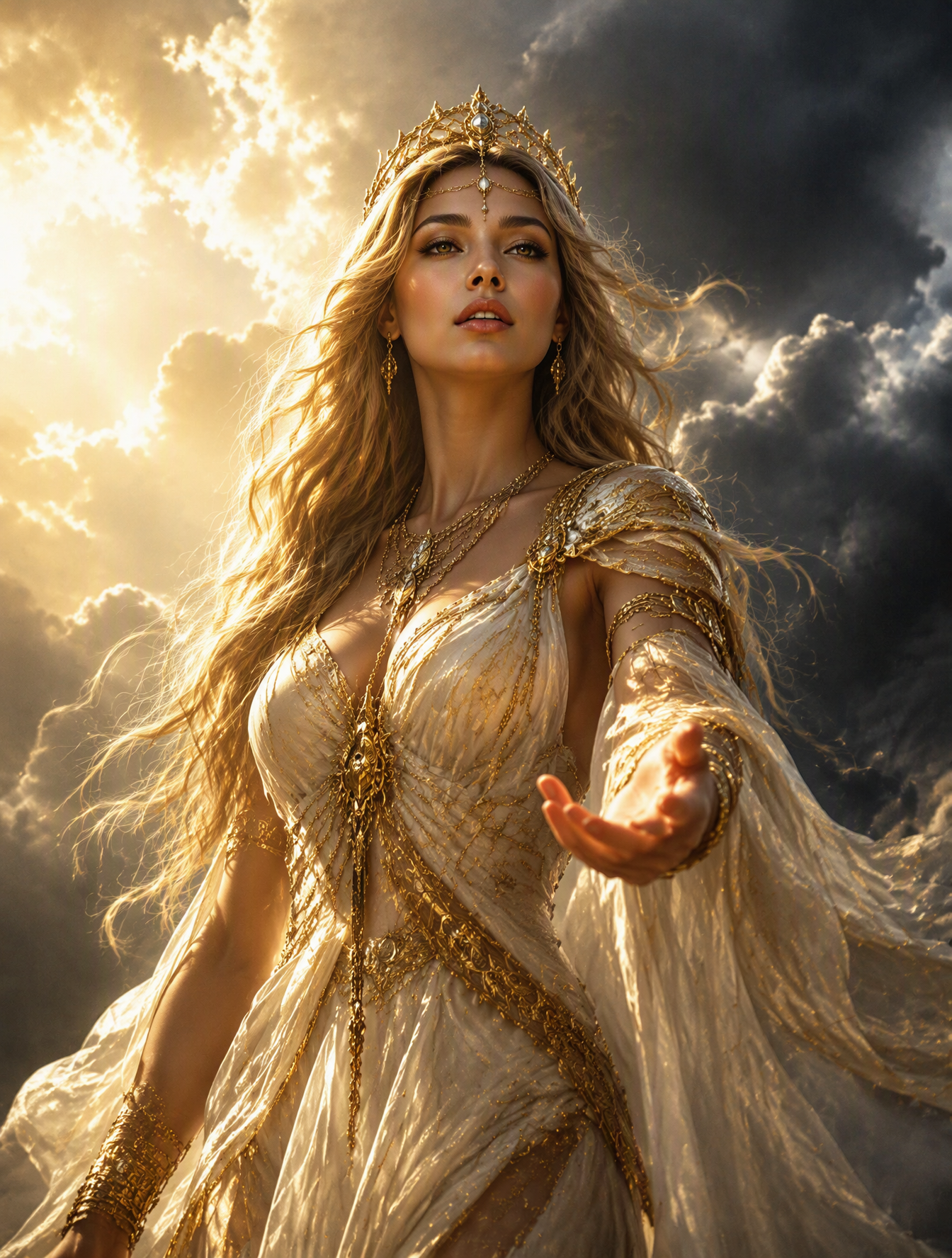 Create an image of A tall, ethereal woman with long flowi...