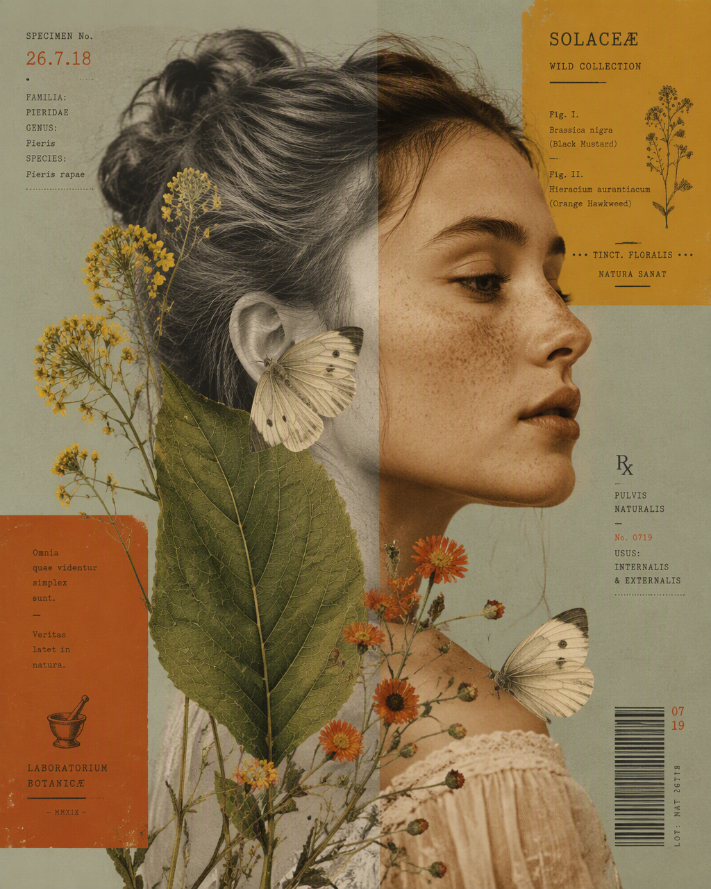 A mixed-media collage portrait of a young woman's profile...