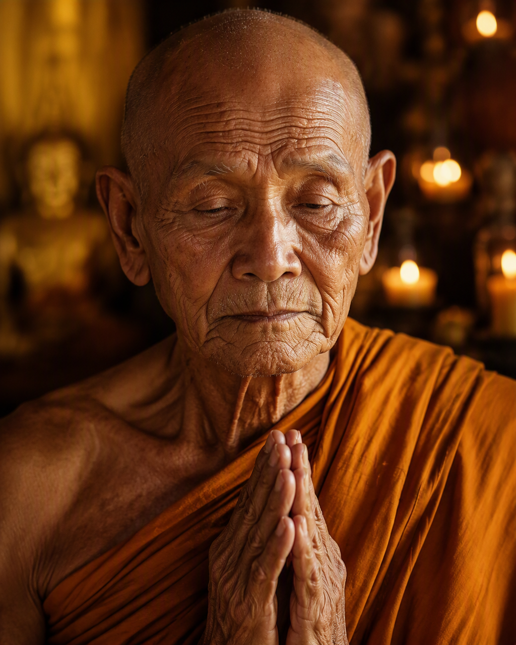 SUBJECT: an elderly monk in saffron robes, deep lined fac...