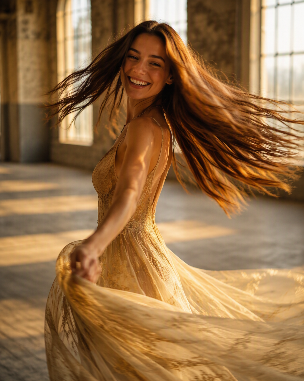 A hyper-realistic cinematic portrait of a young woman cau...