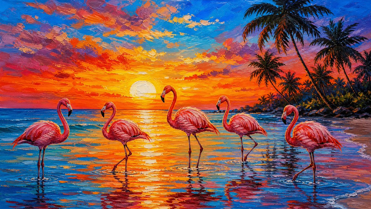 A vibrant painting of five pink flamingos wading in shall...