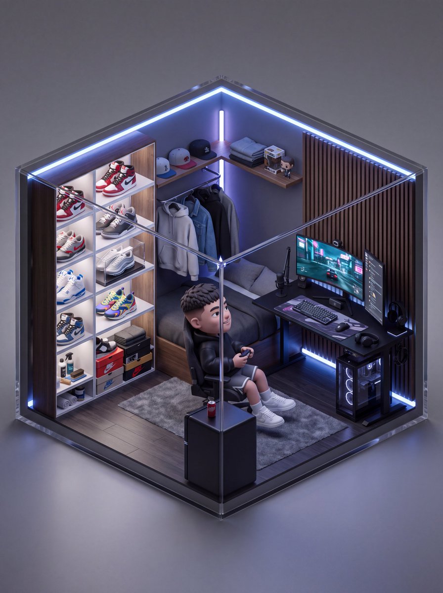 An isometric 3D cube-shaped miniature room (shallow cutaw...