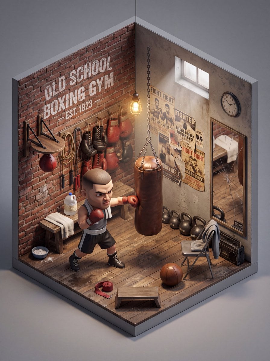 An isometric 3D cube-shaped miniature room (shallow cutaw... - alternate
