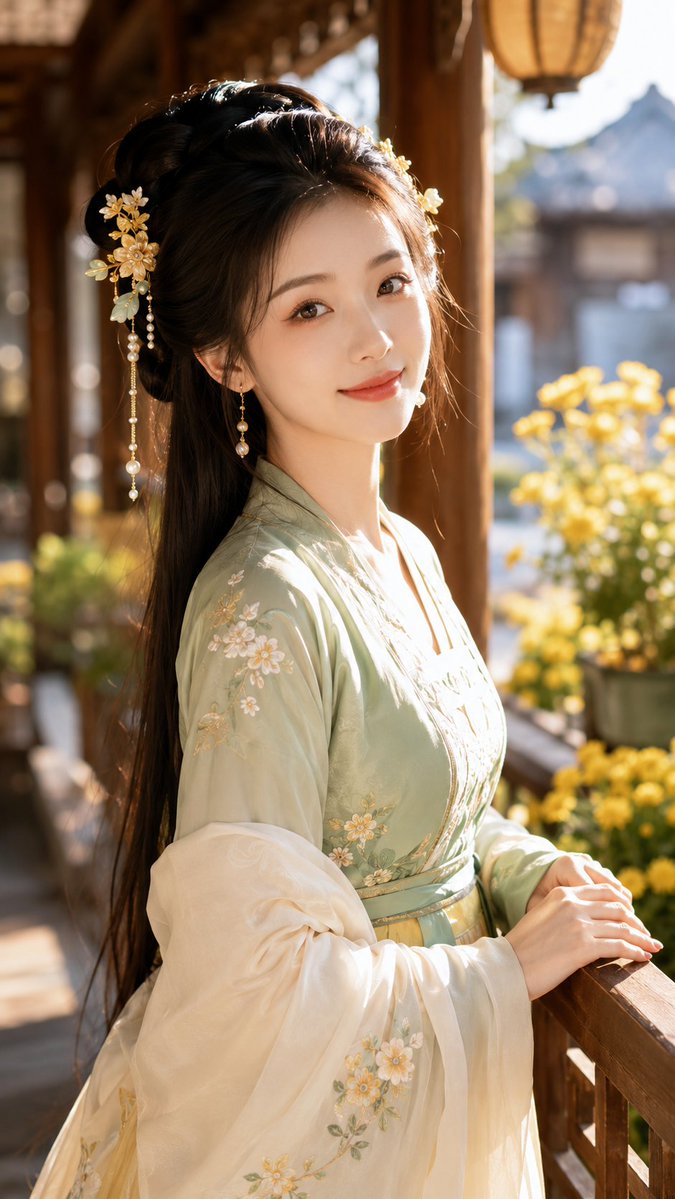 9:16 竖版,古风贵女明亮美妆写真,东方古典女性半身近景,晨光庭院回廊场景,人物站在木色回廊边,身体自然微侧,头...