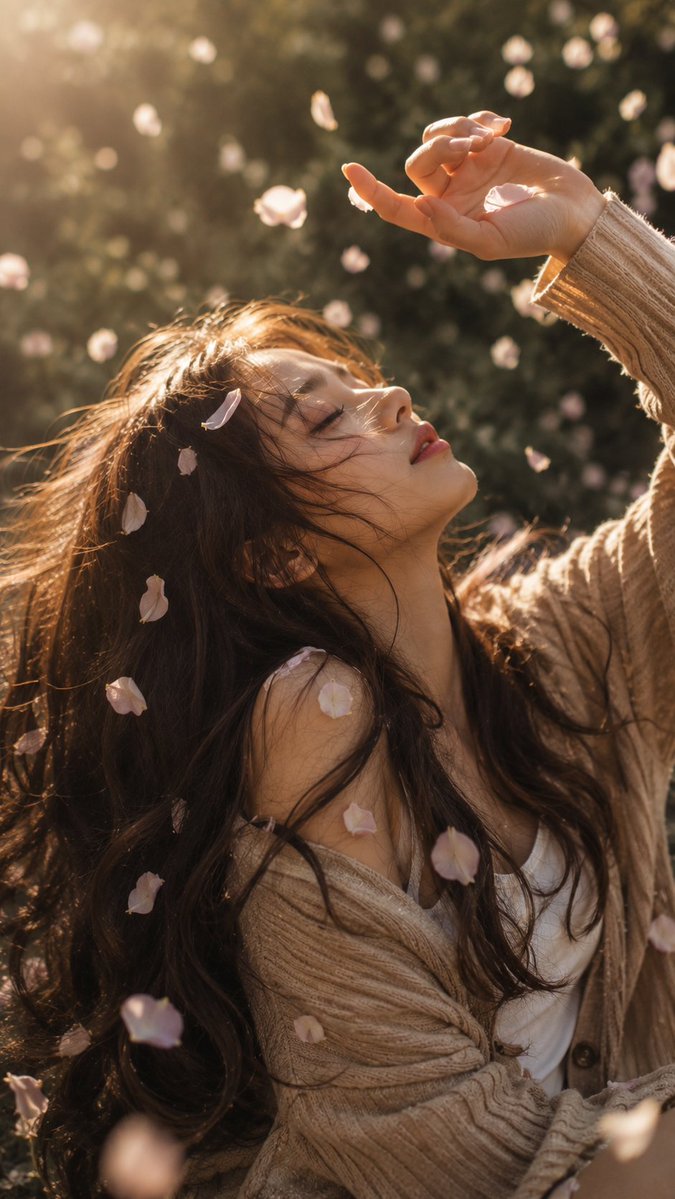 A dreamy cinematic portrait of a young woman lying peacef...