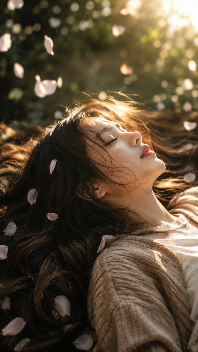 A dreamy cinematic portrait of a young woman lying peacef... - alternate