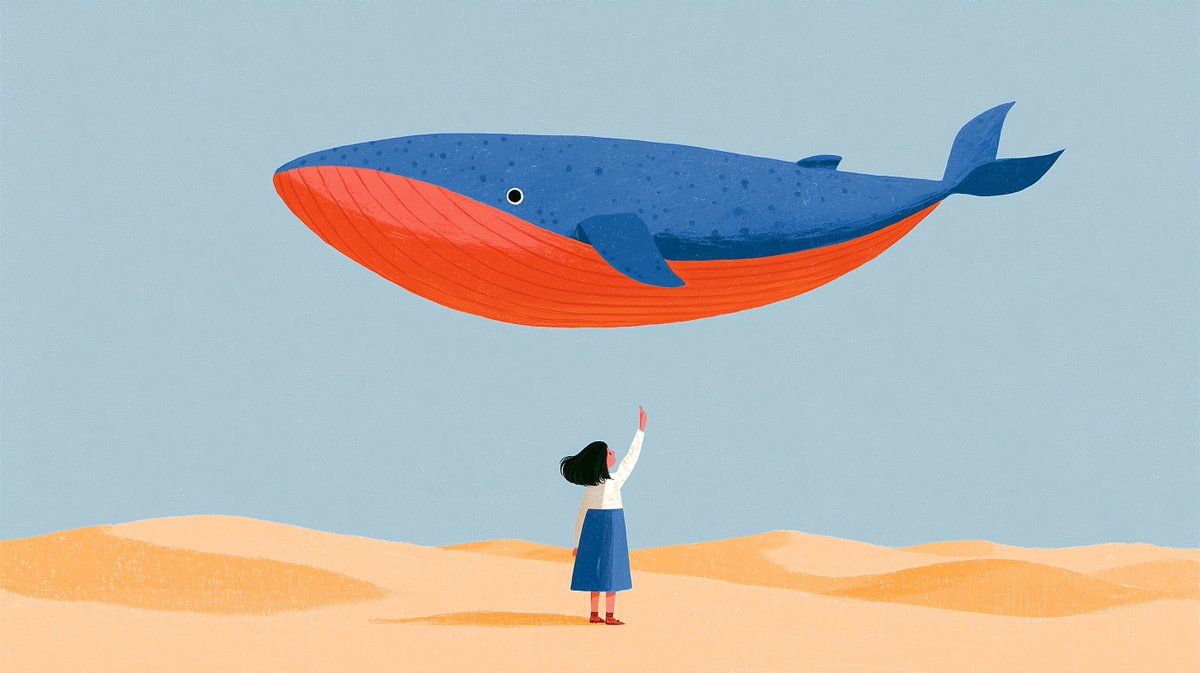 Girl reaching her hand up to a giant whale flying high ov...