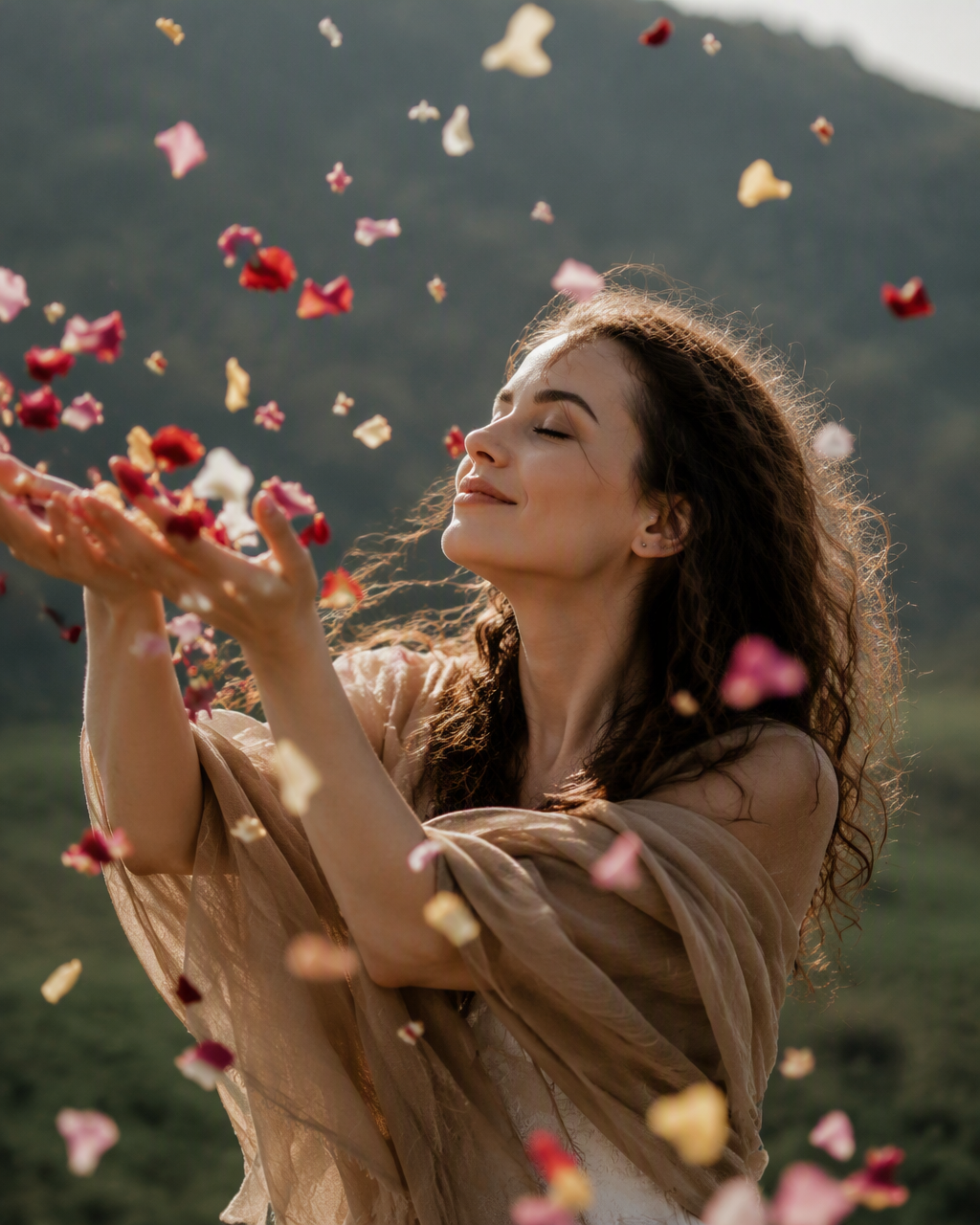 A hyper-realistic cinematic portrait of a young woman cau...