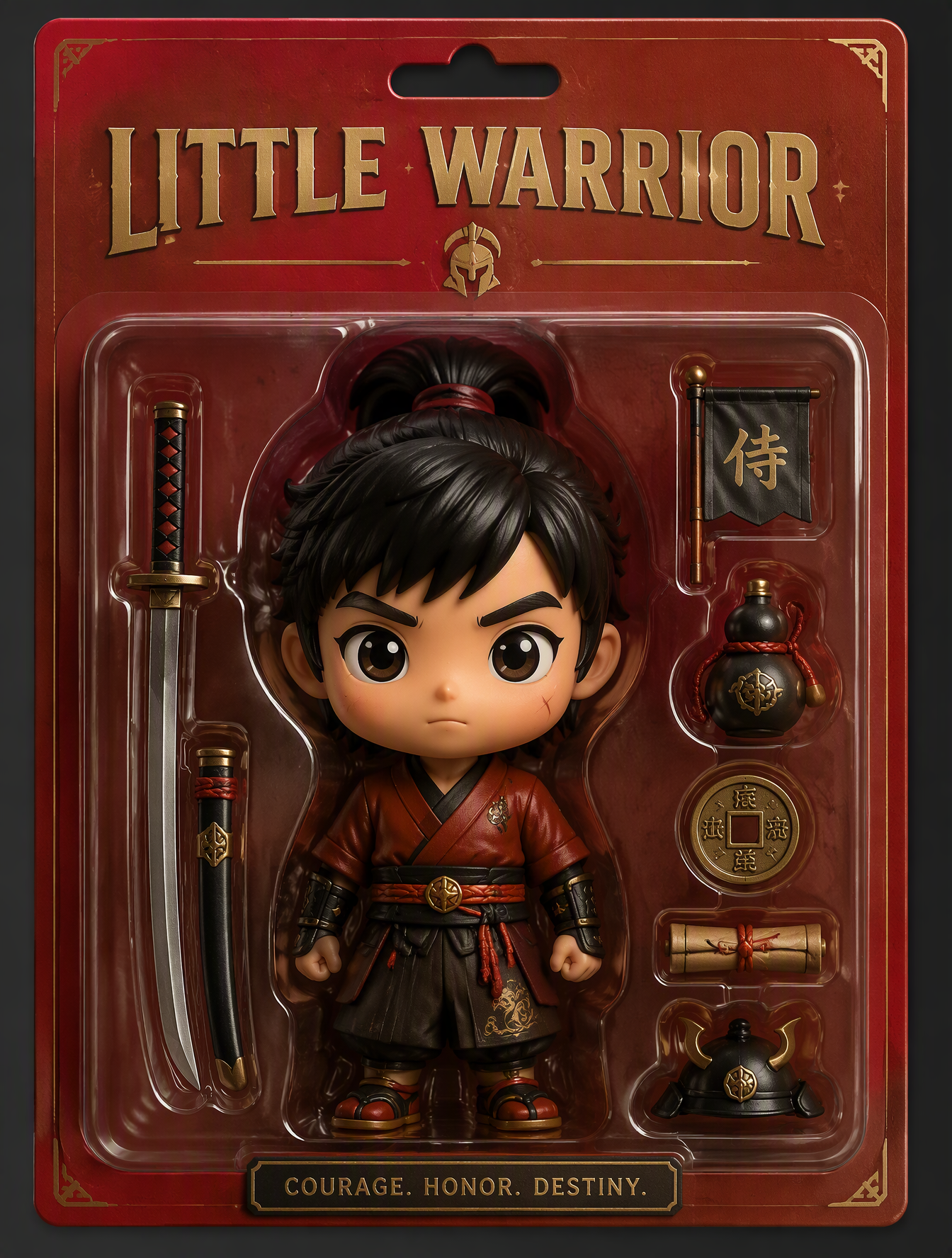Create a stylized collectible toy package featuring [Char...