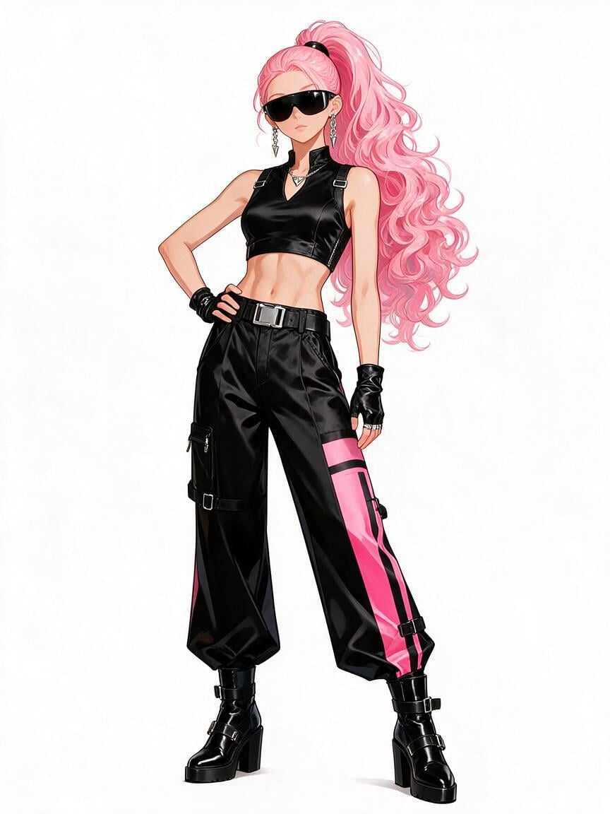 A stylish anime woman stands facing the viewer in a confi...