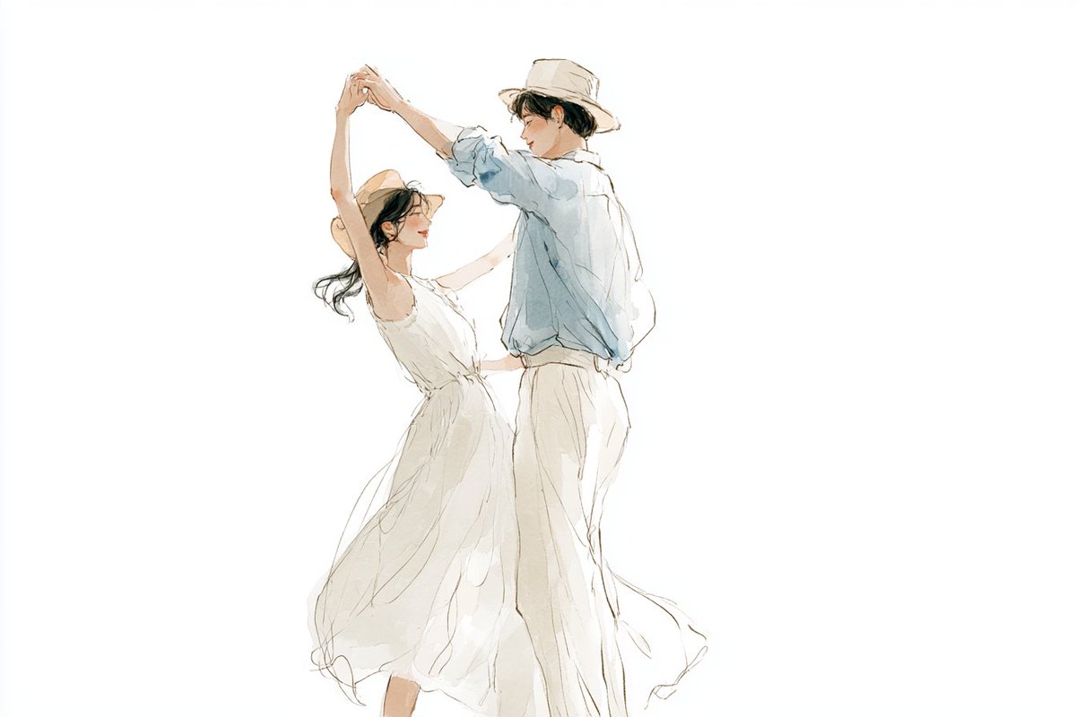 Watercolor line art illustration of [Subjects] sharing a ...