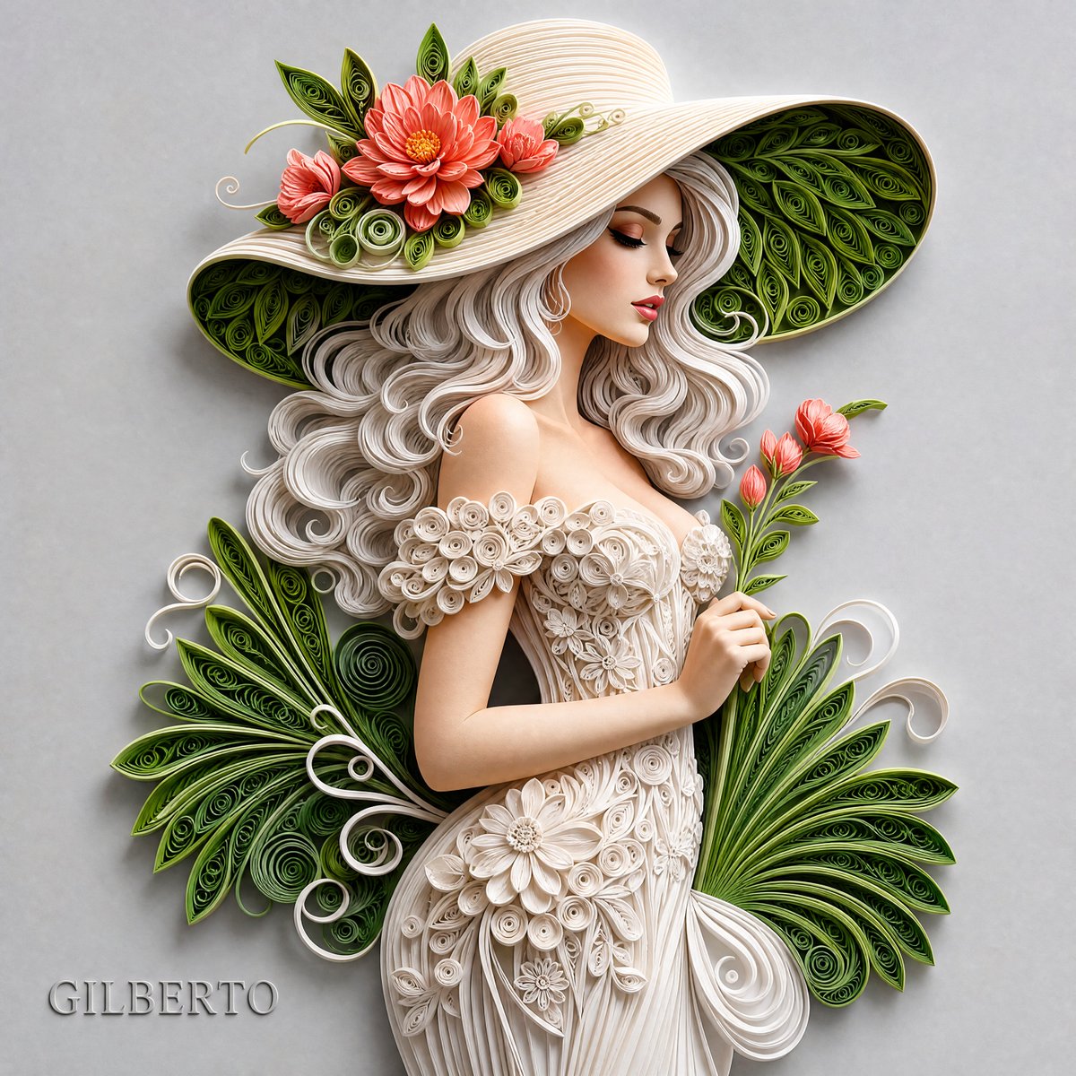 A detailed 3D paper quilling relief artwork of an elegant...