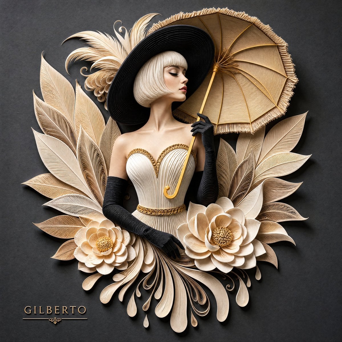 A detailed 3D paper quilling relief artwork of an elegant... - alternate