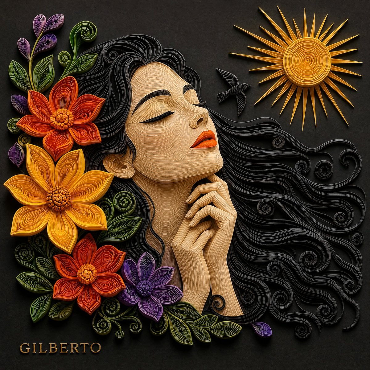 A detailed 3D paper quilling relief artwork of an elegant... - alternate