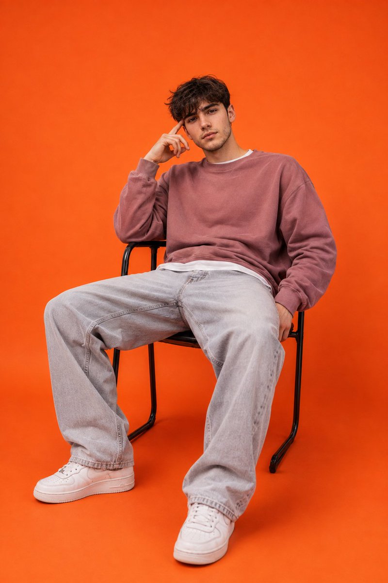2:3 vertical menswear editorial, young male model seated ...