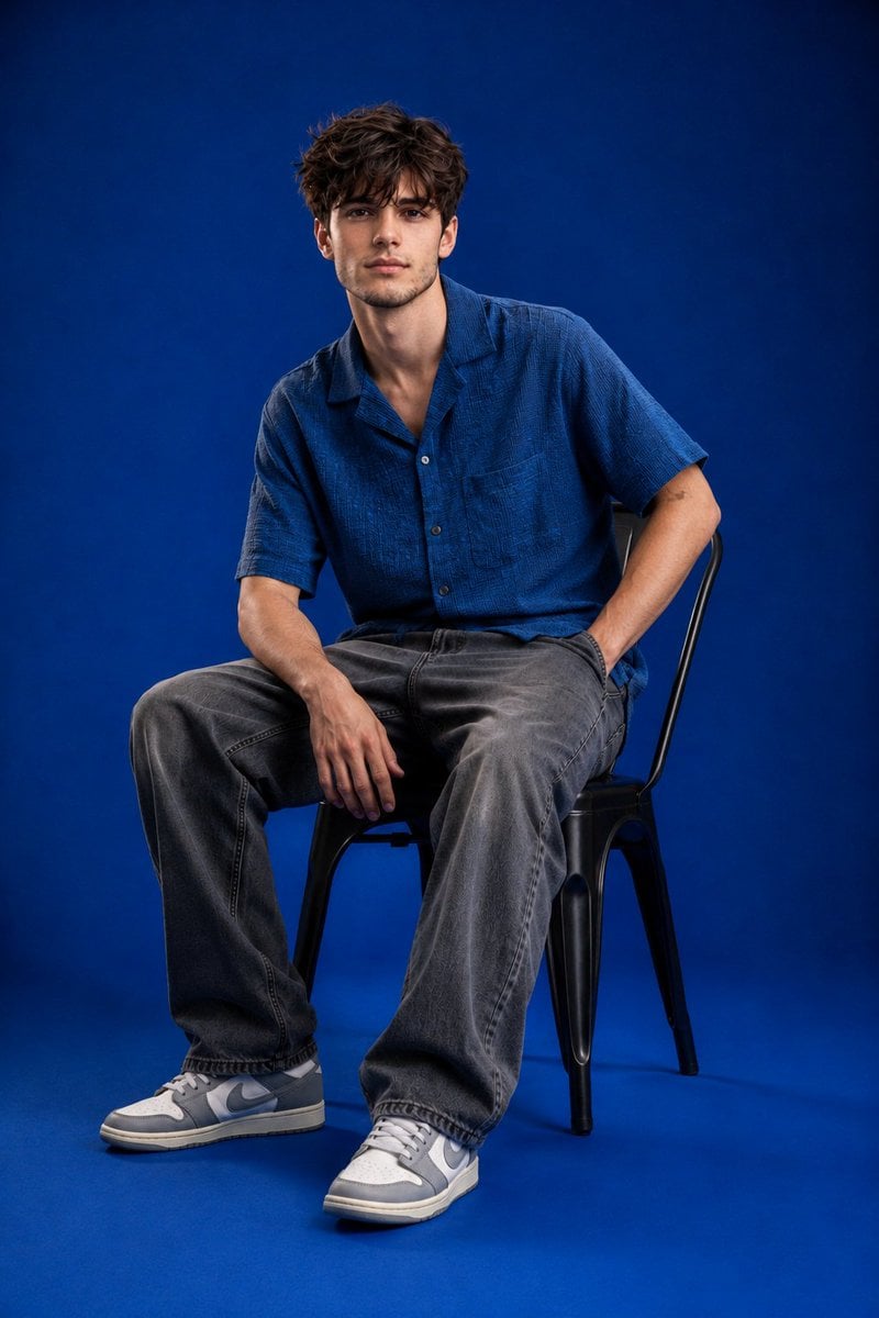 2:3 vertical menswear editorial, young male model seated ... - alternate