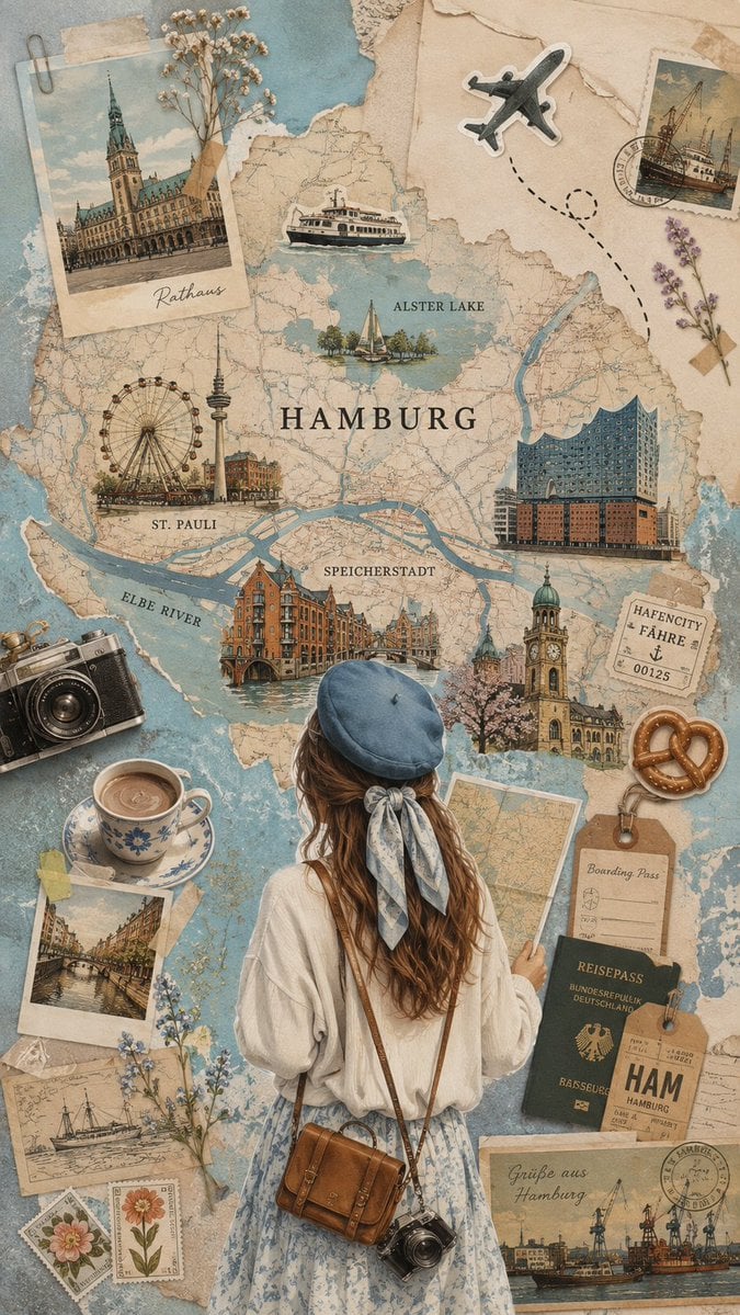 Create a sophisticated vintage travel collage poster insp... - alternate